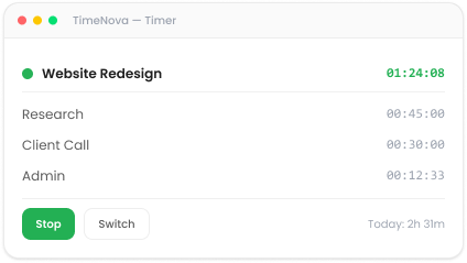 TimeMizwo one-click timer with active and recent entries